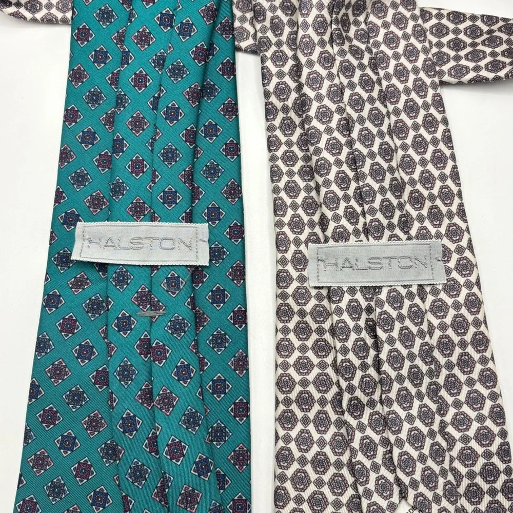 Halston Mens Silk Tie‎ Lot 2 Teal Green Cream Geometric Medallion Italian Silk